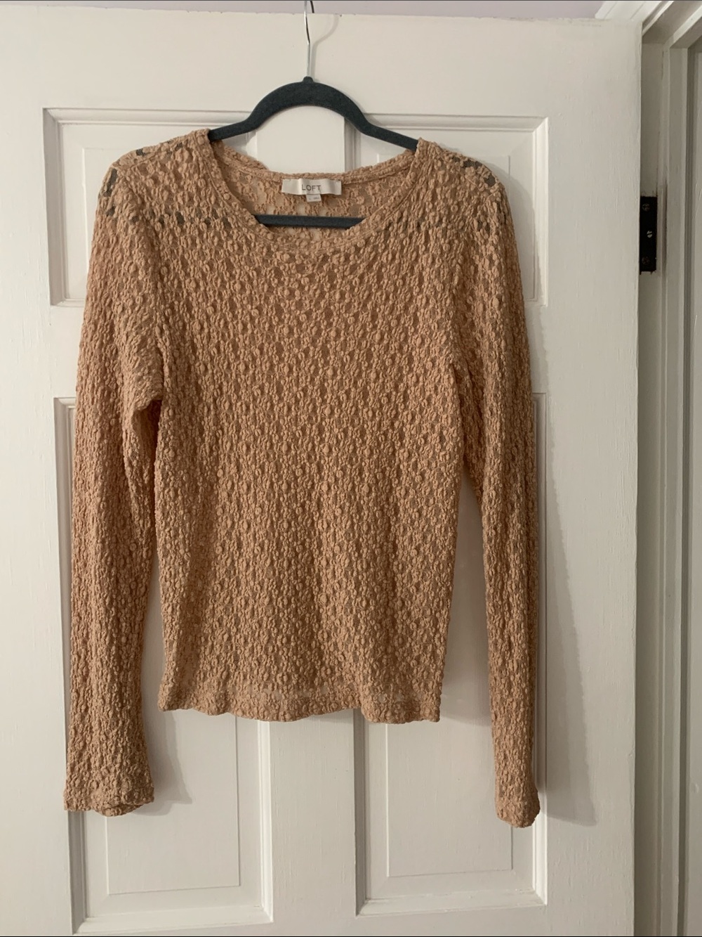 LOFT Long Sleeve Stretch Lace Top in Camel - size L